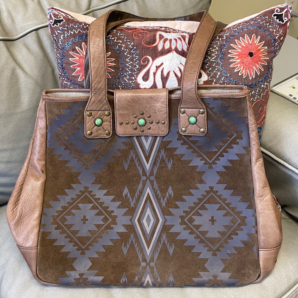 Tasha Polizzi | Suede & Leather Tote Bag w/Southwestern Print & Turquoise ♥ EUC - Picture 2 of 10